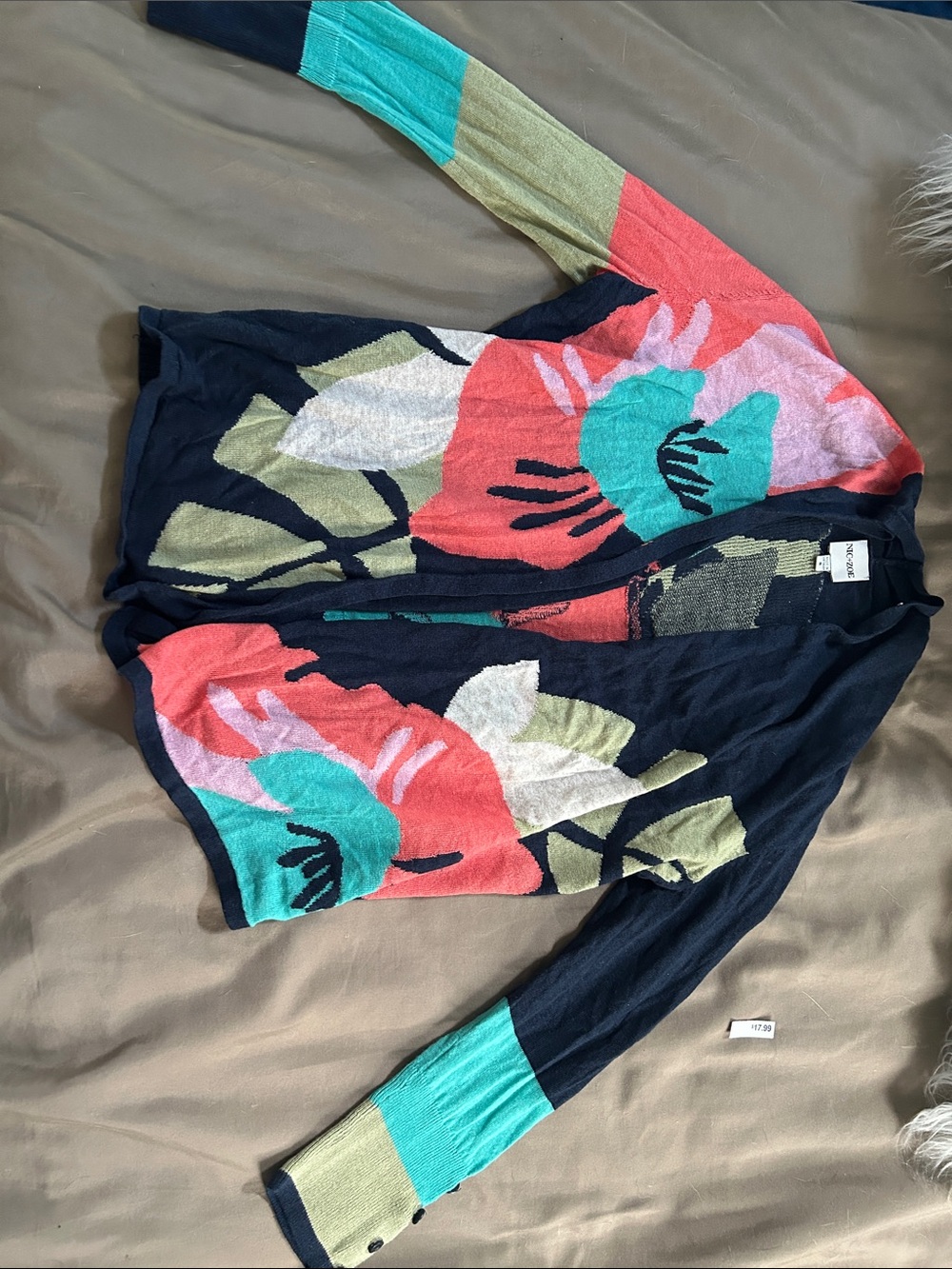 NIC+ZOE Navy Floral Open Cardigan with Coral and Teal Accents
